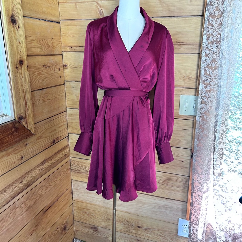 Wrap Dress Womens Large Burgundy Balloon Sleeve Gauntlet Cuff Satin Naked Zebra
